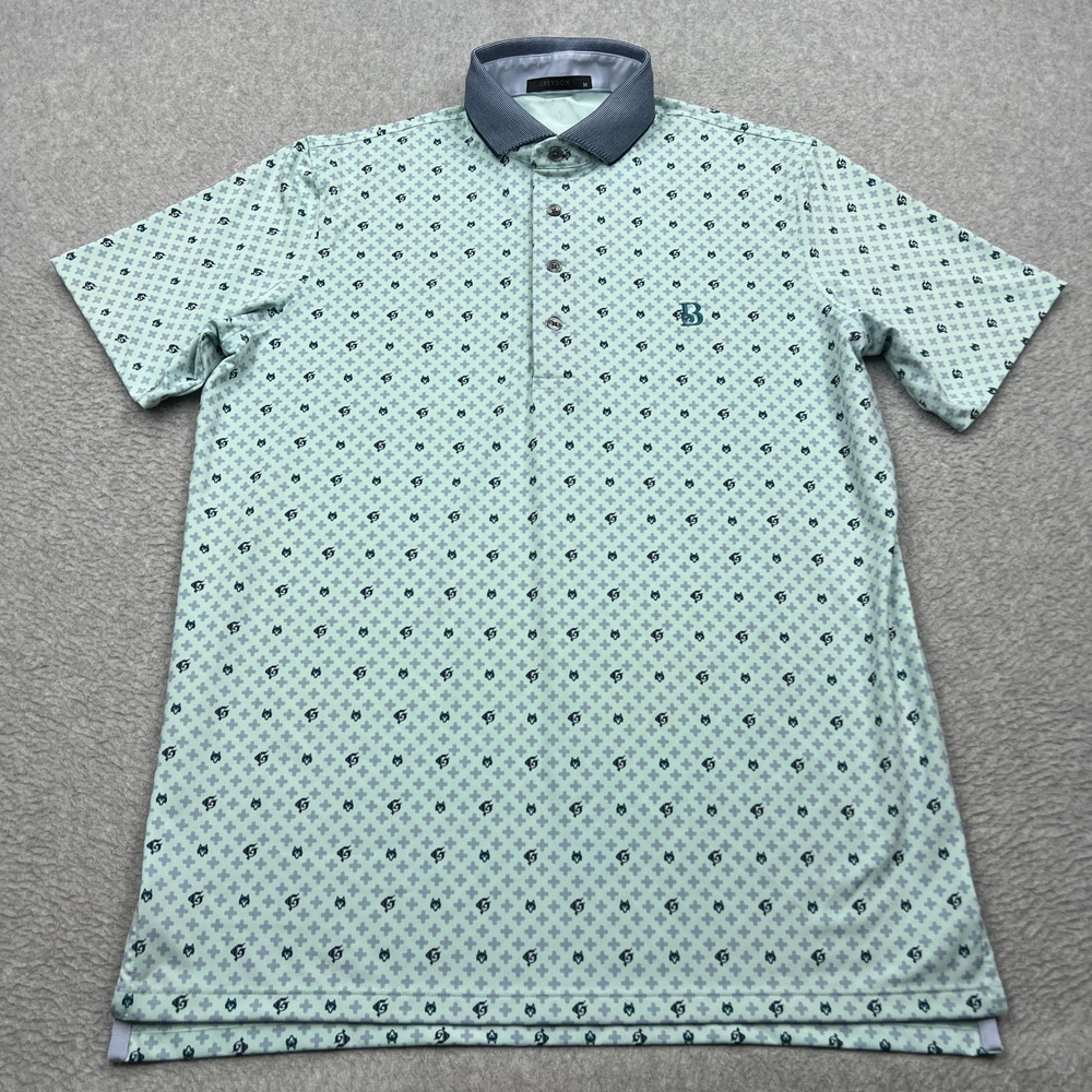 Greyson Mentality Golf Polo Shirt Mens Medium Blue Geometric Wolf Logo Stretch